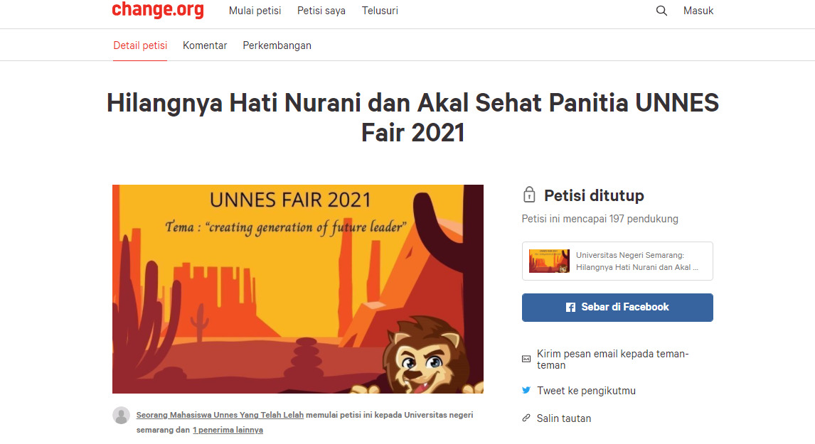 Petisi "Hilangnya Hati Nurani dan Akal Sehat Panitia Unnes Fair 2021", Sabtu (11/9). [Dok BP2M]