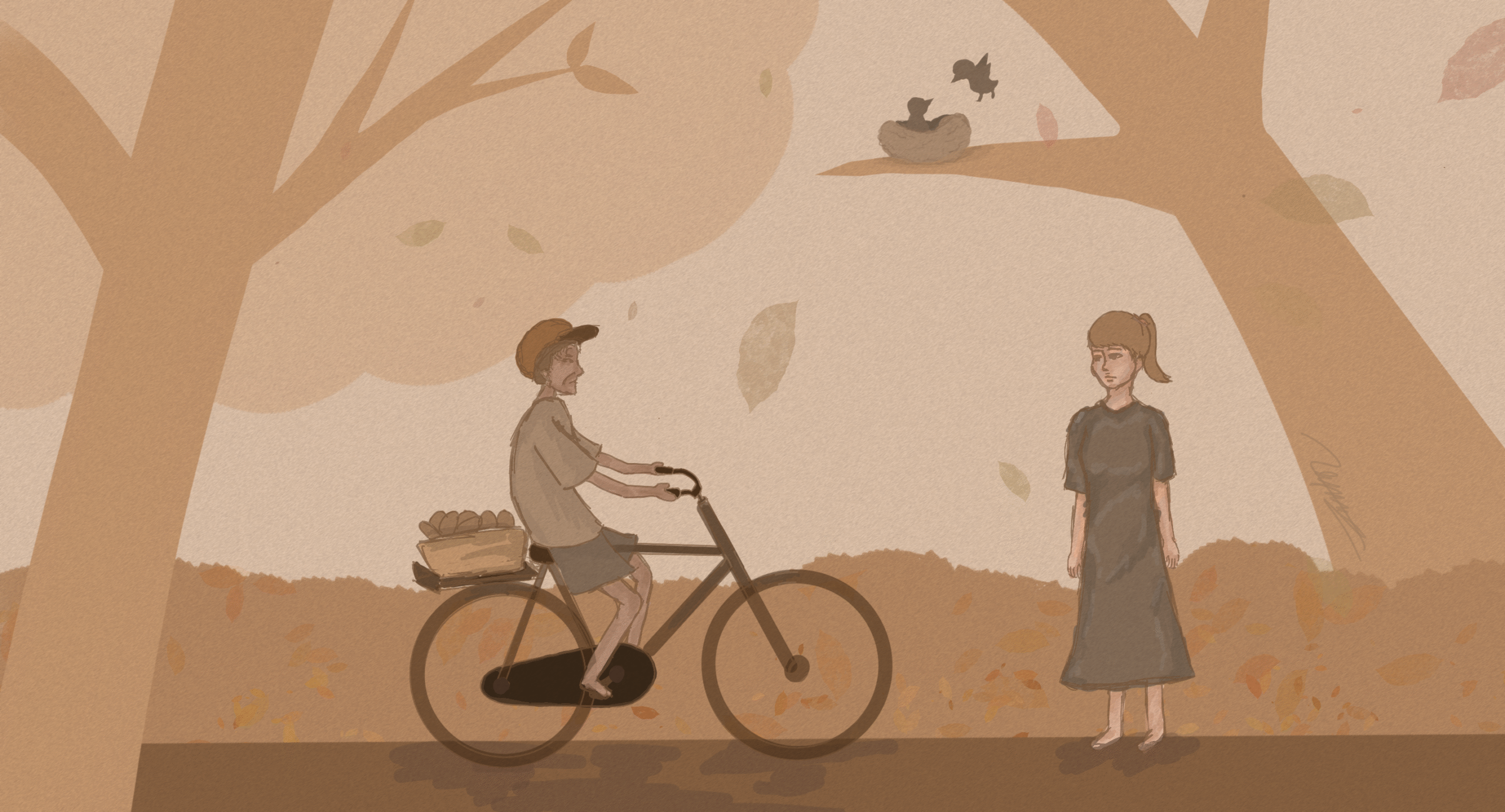 Ilustrasi seorang anak perempuan yang melihat bapak tua tengah bersepeda (Alya/ BP2M)