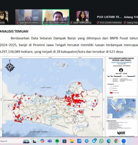 Tangkapan layar ketika Nur Colis tengah memaparkan kajian riset singkat Wahana Lingkungan Indonesia (WALHI) Jawa Tengah pada Senin (19/01/2026) [BP2M]