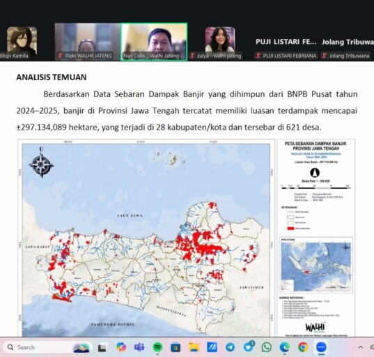Tangkapan layar ketika Nur Colis tengah memaparkan kajian riset singkat Wahana Lingkungan Indonesia (WALHI) Jawa Tengah pada Senin (19/01/2026) [BP2M]