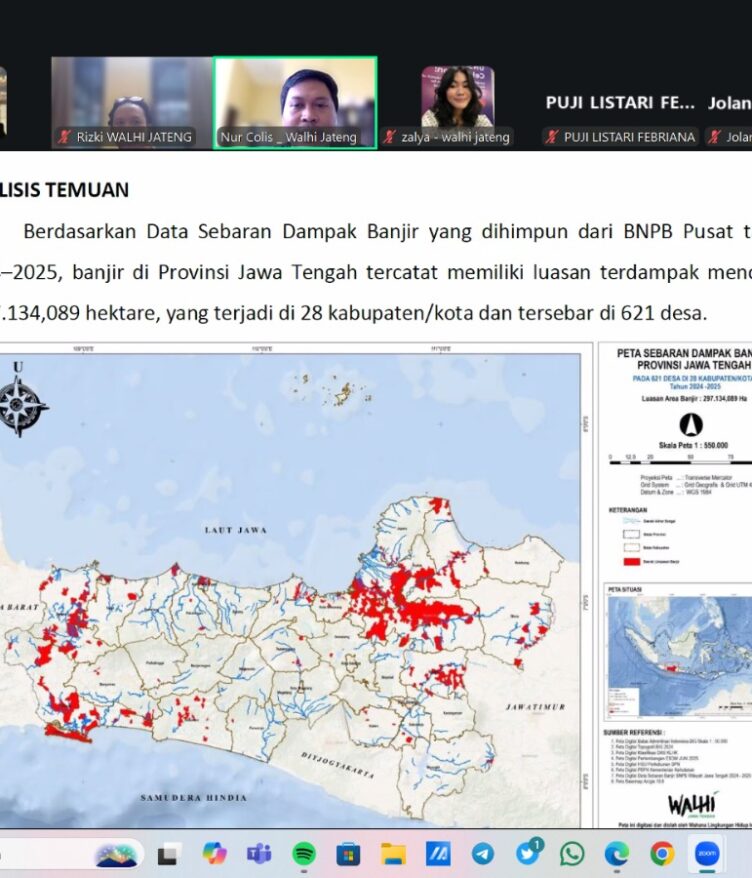 Tangkapan layar ketika Nur Colis tengah memaparkan kajian riset singkat Wahana Lingkungan Indonesia (WALHI) Jawa Tengah pada Senin (19/01/2026) [BP2M]