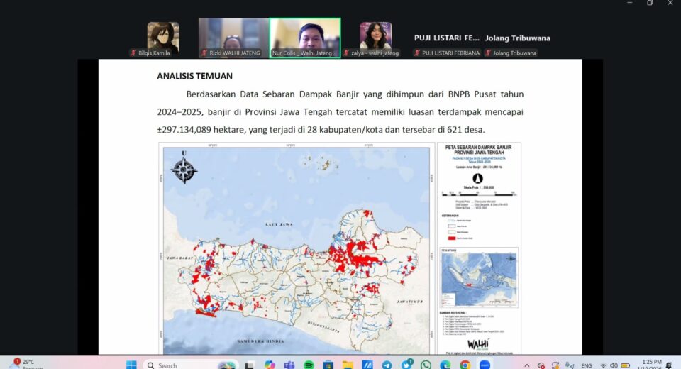Tangkapan layar ketika Nur Colis tengah memaparkan kajian riset singkat Wahana Lingkungan Indonesia (WALHI) Jawa Tengah pada Senin (19/01/2026) [BP2M]
